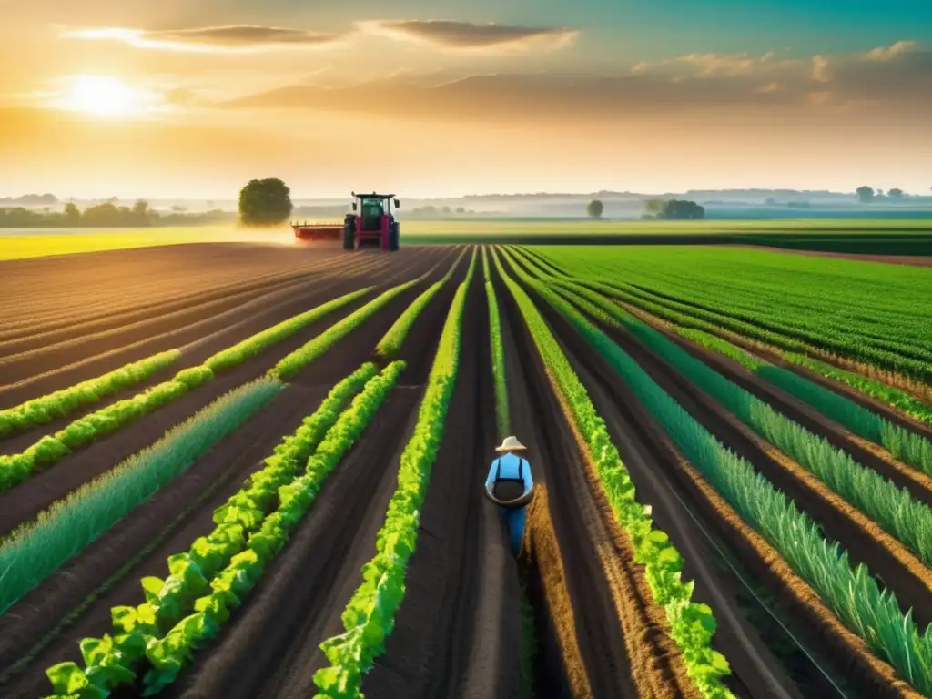 Un campo agrícola moderno y vibrante, con cultivos saludables y exuberantes