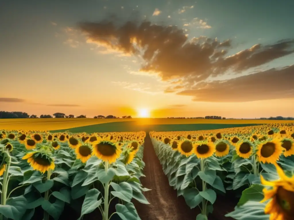 Un campo verde exuberante bañado por la cálida luz dorada del sol, con hileras de altos y vibrantes girasoles que se extienden hacia el cielo