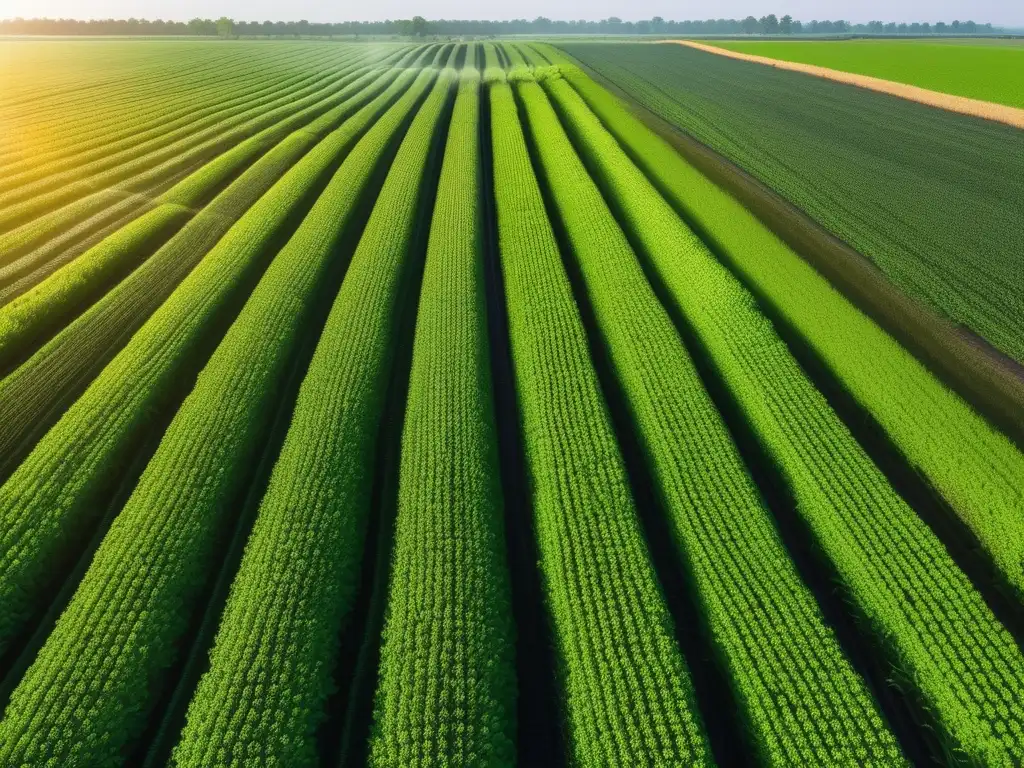 Un campo verde exuberante se extiende hasta el horizonte con cultivos saludables, reflejando el impacto de los plaguicidas