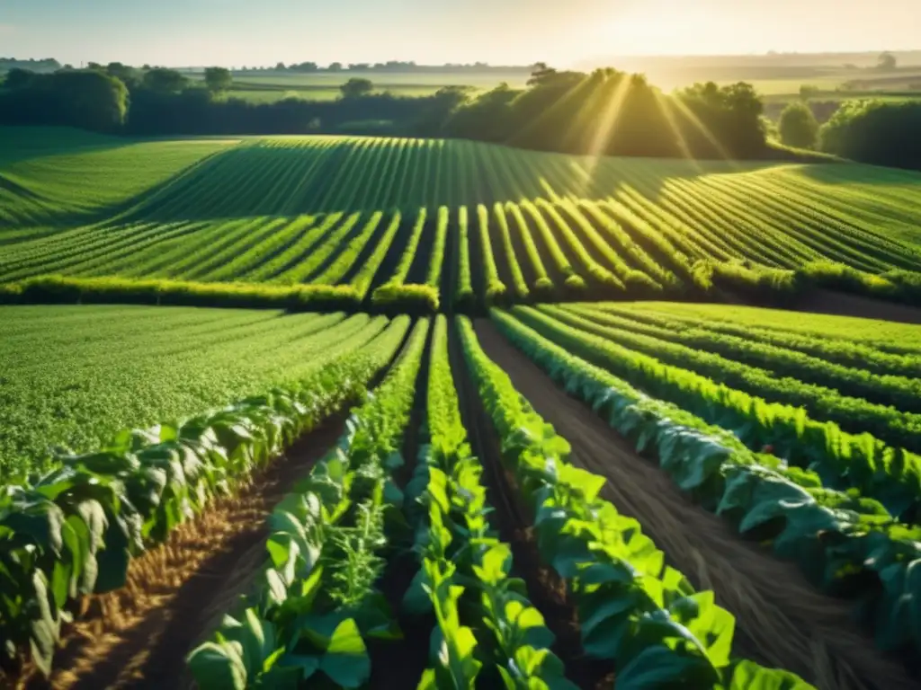 Un campo verde exuberante se extiende hasta el horizonte, repleto de cultivos saludables y vibrantes