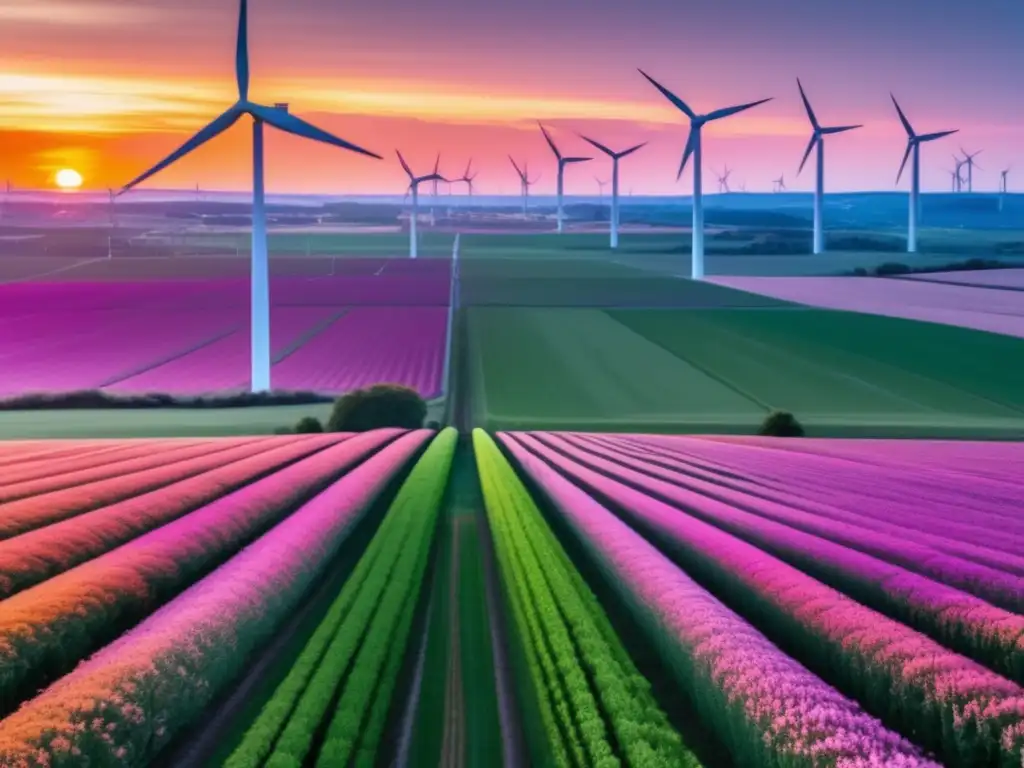 Un campo verde vibrante se extiende hasta el horizonte, donde molinos de viento giran graciosamente