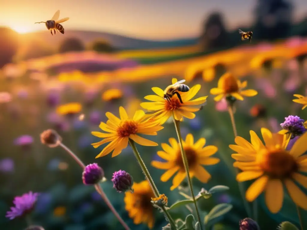 Un campo vibrante de flores en plena floración bañado por la cálida luz dorada del atardecer