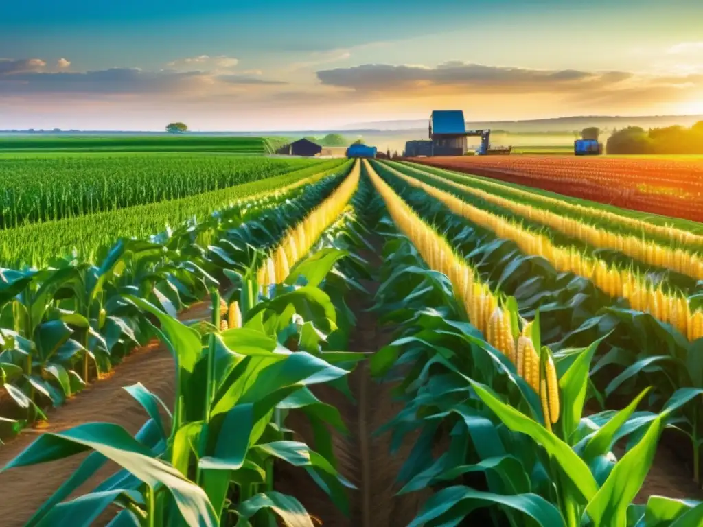 Un campo vibrante y moderno de cultivos verdes, bañado por la luz dorada del sol