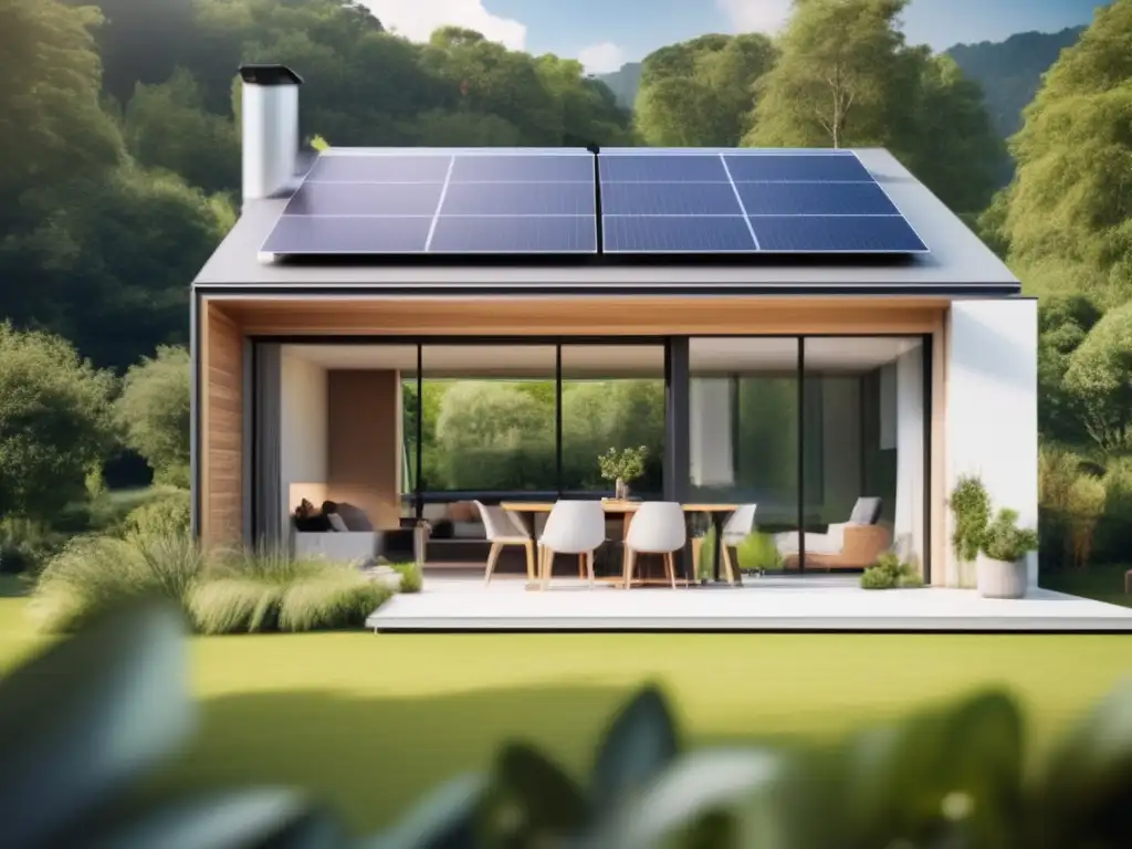 Una casa moderna y eficiente con paneles solares, amplias ventanas y termostatos inteligentes