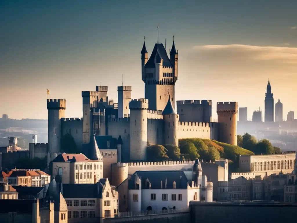 Un castillo medieval se eleva entre rascacielos, fusionando historia antigua y vida urbana contemporánea