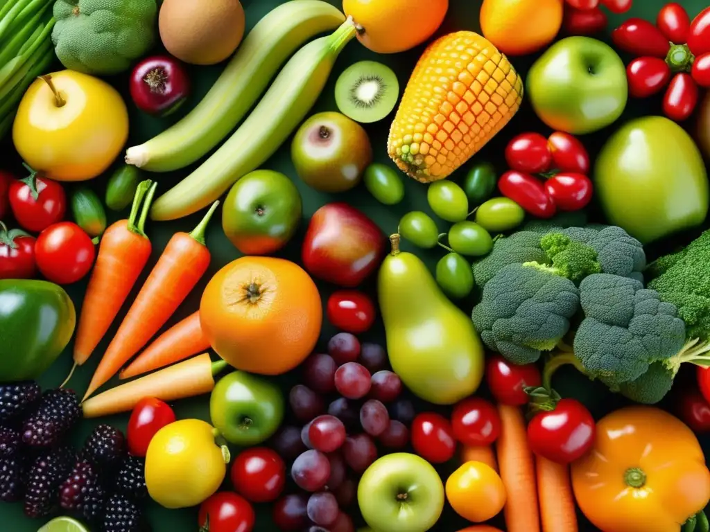 Un cautivador y detallado mosaico de frutas y verduras, resalta la importancia de la química inorgánica en la alimentación