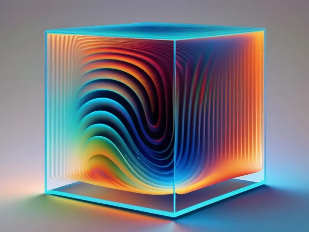 Un cautivador y moderno dibujo que representa un campo vectorial tridimensional en un cubo translúcido