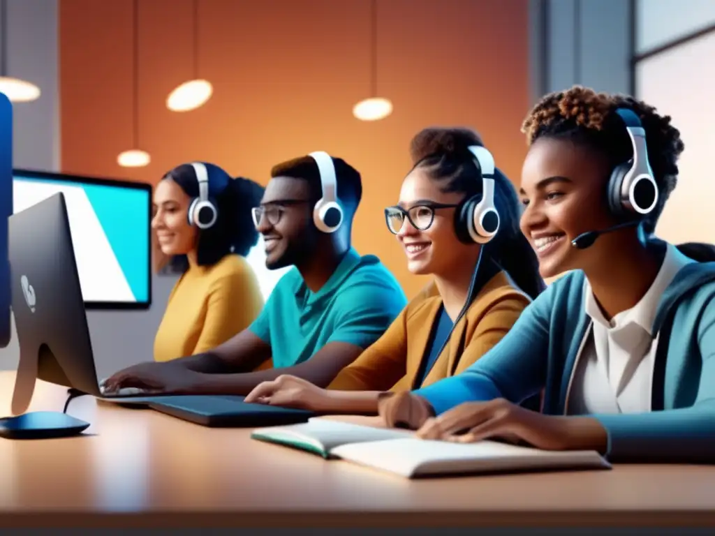 Una cautivadora imagen en 8K que muestra a estudiantes diversos participando activamente en un aula virtual