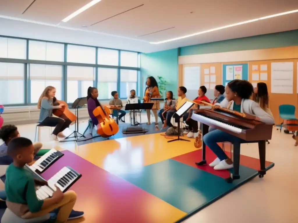 Una cautivadora imagen en 8k detalla una sesión de musicoterapia en un aula moderna