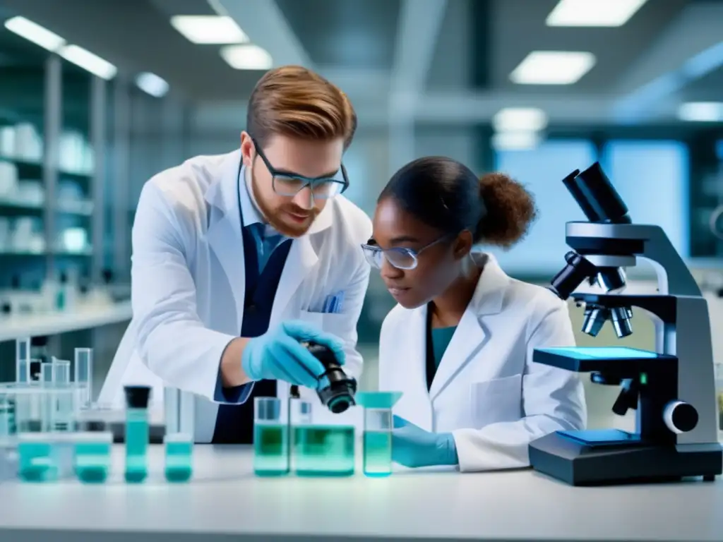 Una cautivadora imagen de tutor y estudiante realizando un experimento en laboratorio