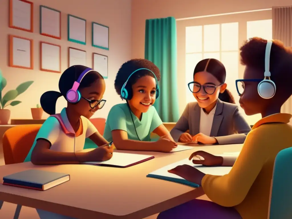 Tutorías inclusivas: Tecnología que transforma el aprendizaje Una ilustración cautivadora en 8k muestra a niños con necesidades especiales participando en tutorías virtuales con avances tecnológicos