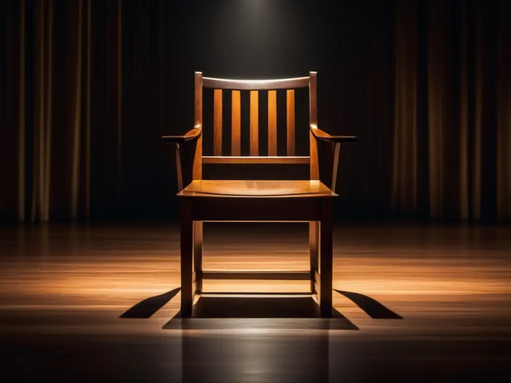 En el centro del escenario teatral, un solitario y dramático sillón es iluminado por un foco, creando una atmósfera intensa