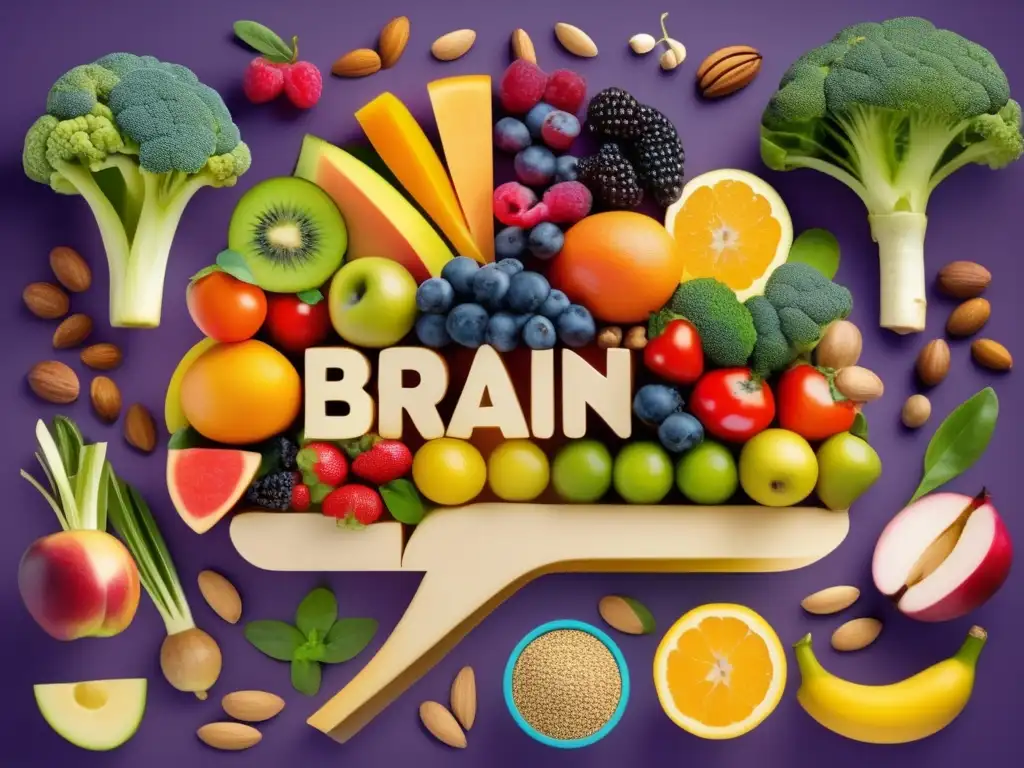 Un cerebro vibrante y colorido, compuesto de alimentos ricos en nutrientes