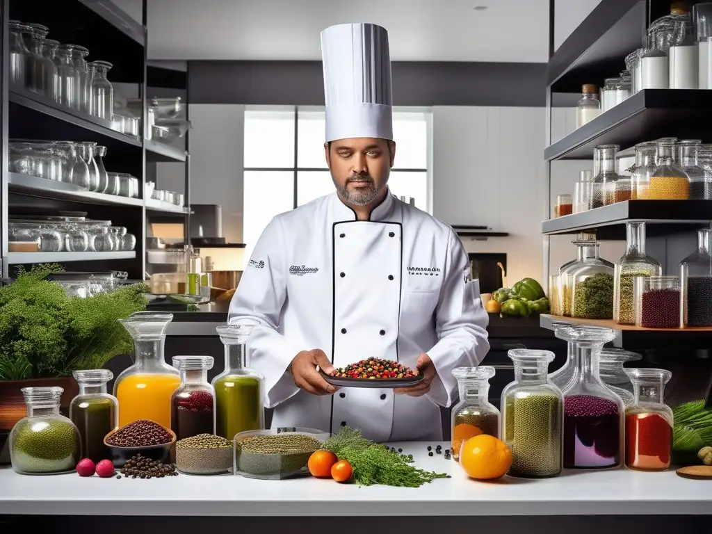 Un chef experto en una cocina moderna, combina química orgánica y gastronomía con precisión creativa