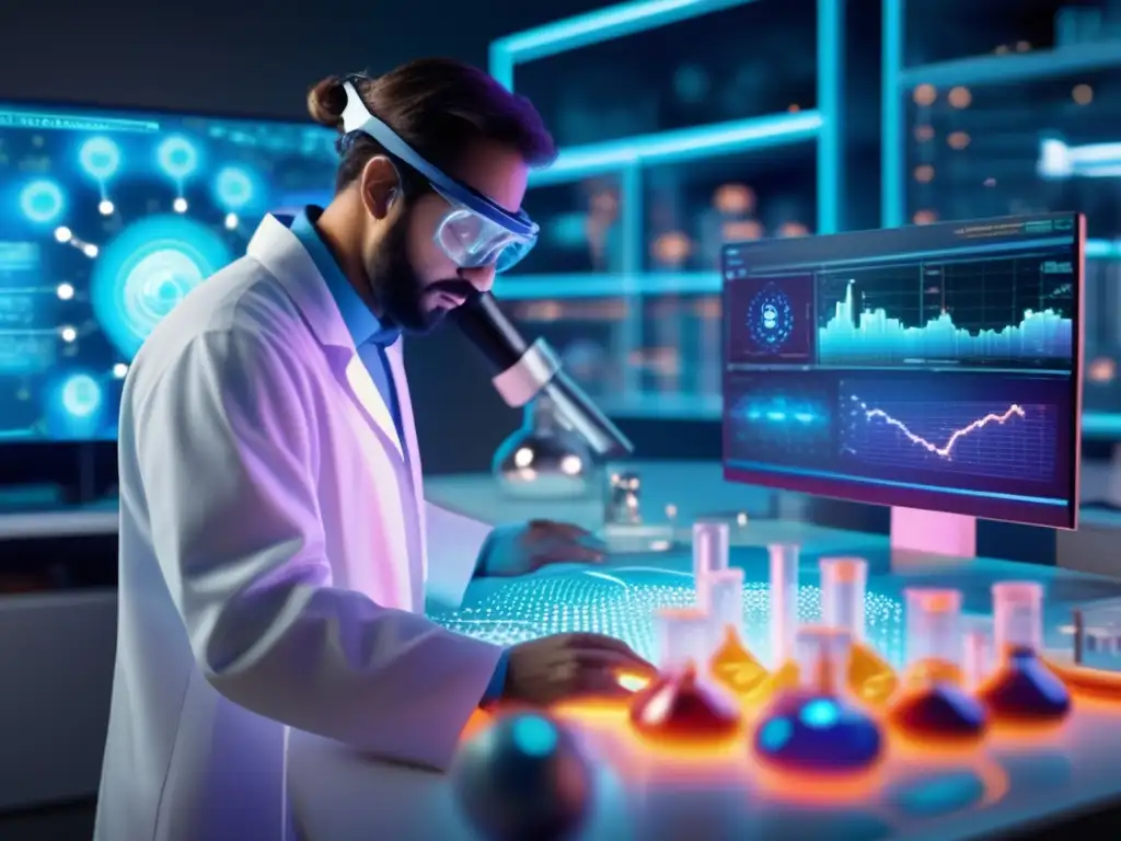 Avance tecnológico en la química molecular: un científico interactúa con un holograma de una molécula orgánica compleja Un científico en bata blanca y gafas de seguridad interactúa con una molécula orgánica holográfica en un laboratorio moderno