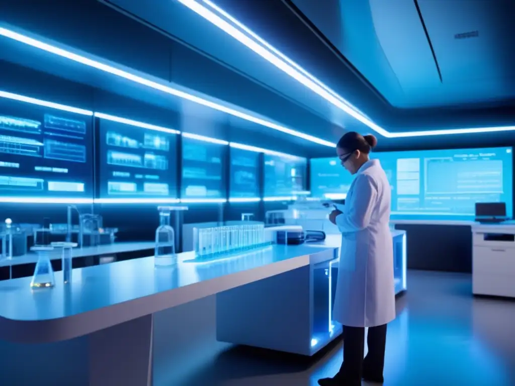 Un científico en bata blanca manipula cuidadosamente una hebra de ADN en un laboratorio futurista
