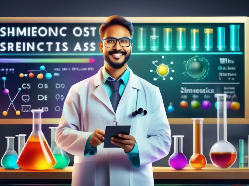 Experimento científico: Un mundo de colores y descubrimientos Un científico en bata blanca, en un laboratorio iluminado, sostiene un tubo de ensayo con líquido colorido