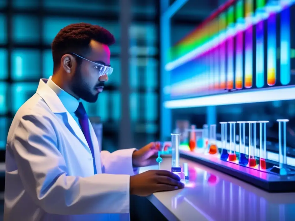 Innovación científica: Espectroscopía y química orgánica Un científico en bata blanca sostiene un tubo de ensayo con líquido colorido frente a un espectrofotómetro futurista