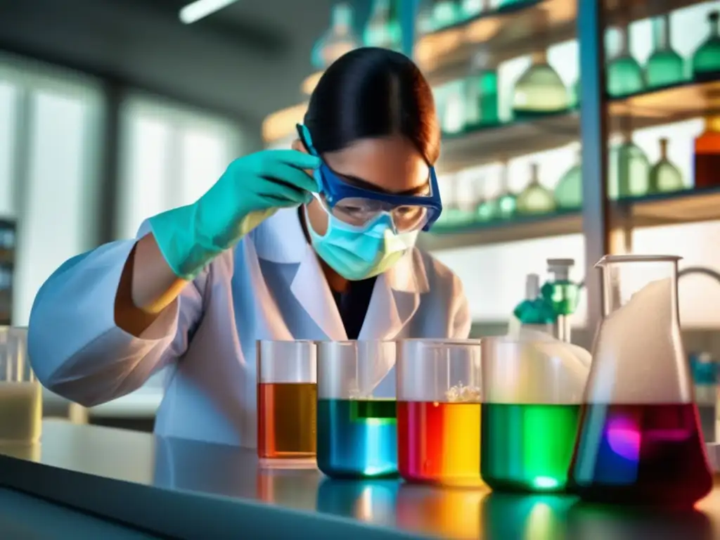 Un científico cuidadosamente maneja una solución química colorida en un laboratorio contemporáneo, iluminado suavemente