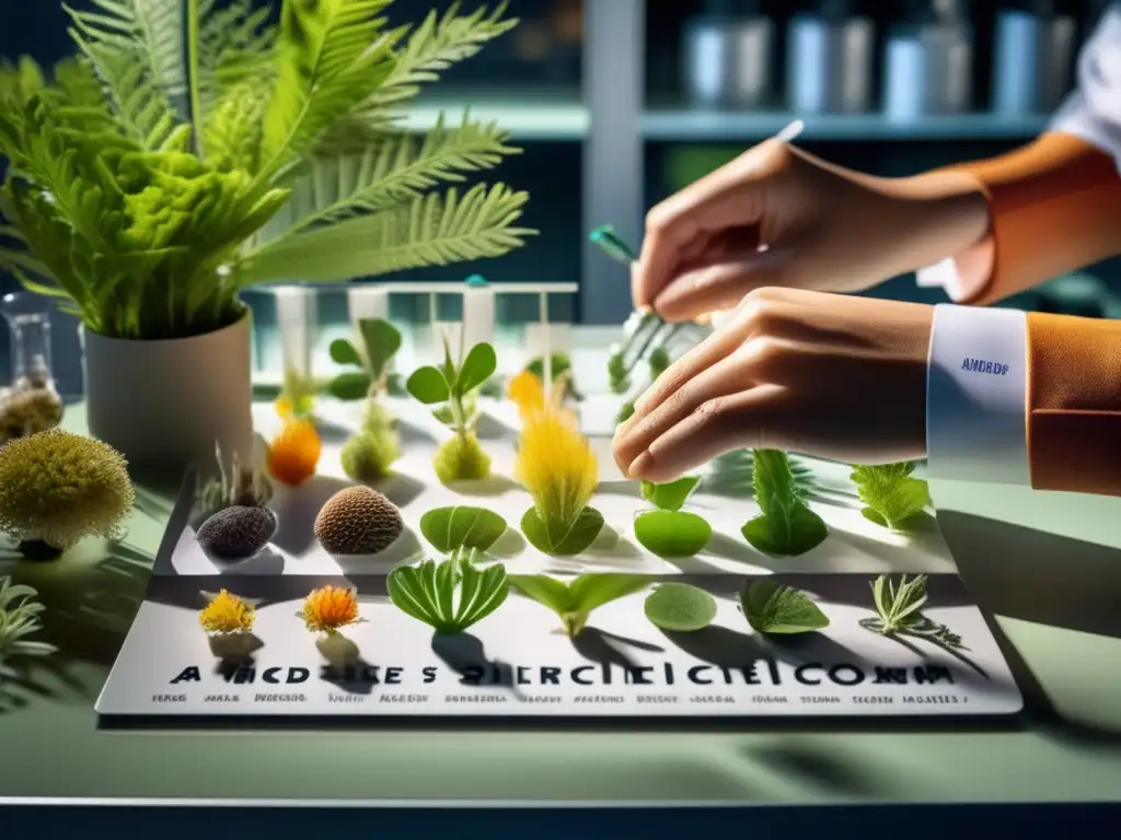 Un científico organiza especímenes de plantas y animales en un laboratorio moderno, con etiquetas avanzadas