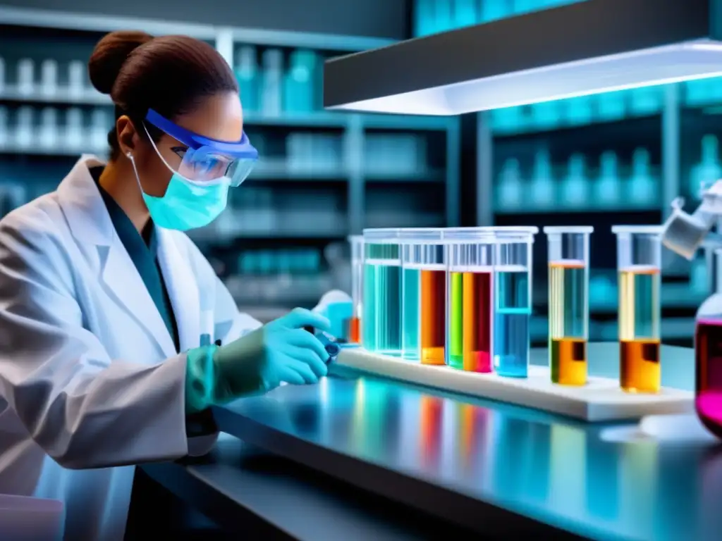 Un científico en un laboratorio de química orgánica maneja con cuidado un tubo de ensayo lleno de líquido colorido