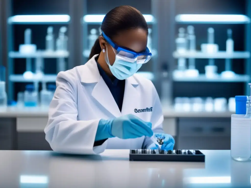 Un científico en un laboratorio moderno maneja con cuidado una muestra de metal pesado