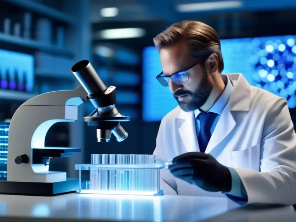 Descubre la belleza y precisión de la Teoría del Campo Cristalino Un científico en un laboratorio moderno realiza experimentos utilizando la Teoría de Campo Cristalino