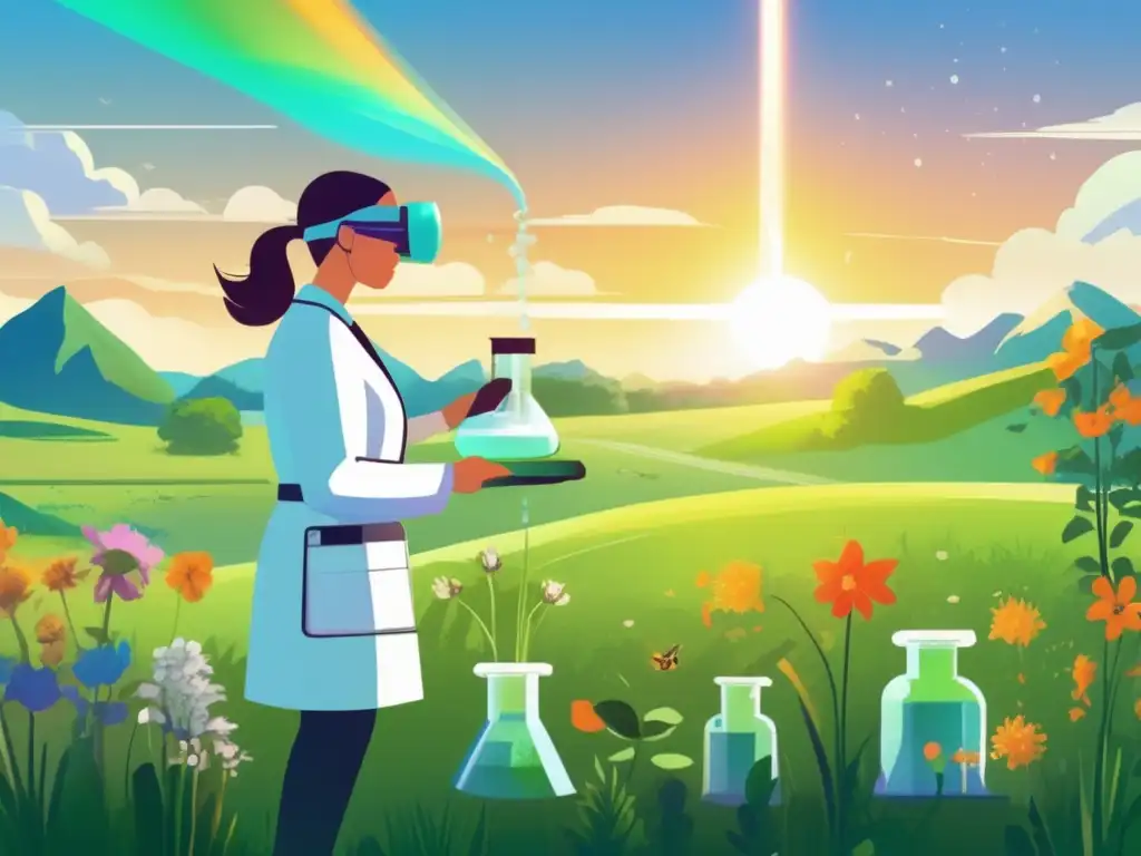 Innovación verde: Naturaleza y ciencia en armonía Un científico en un laboratorio vanguardista, rodeado de un prado verde exuberante y flores silvestres coloridas