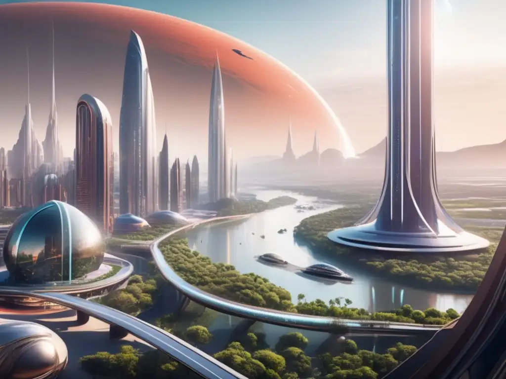 Desde la cima de una torre, se observa una ciudad marciana futurista con rascacielos relucientes y biodomas, desafiando la colonización espacial