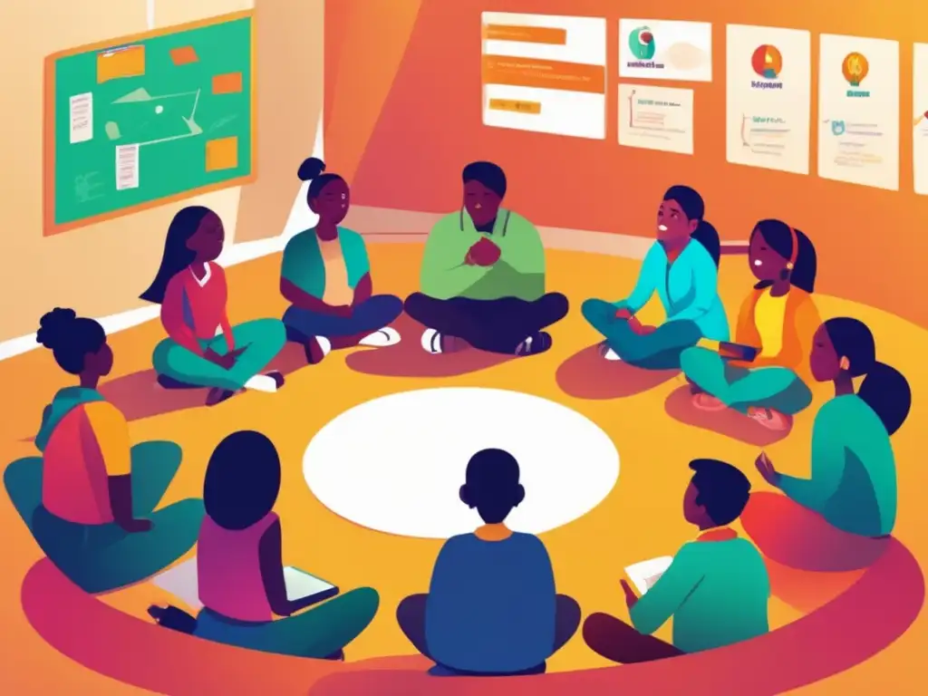 Un círculo de estudiantes diversos escucha atentamente a su animado profesor mientras explora técnicas de storytelling en tutorías especializadas