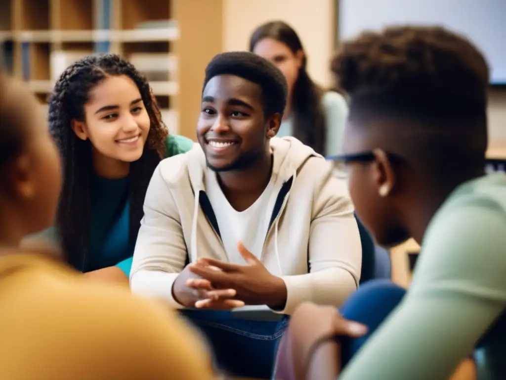 Un círculo de estudiantes diversos se sumerge en una conversación profunda durante una tutoría socioemocional