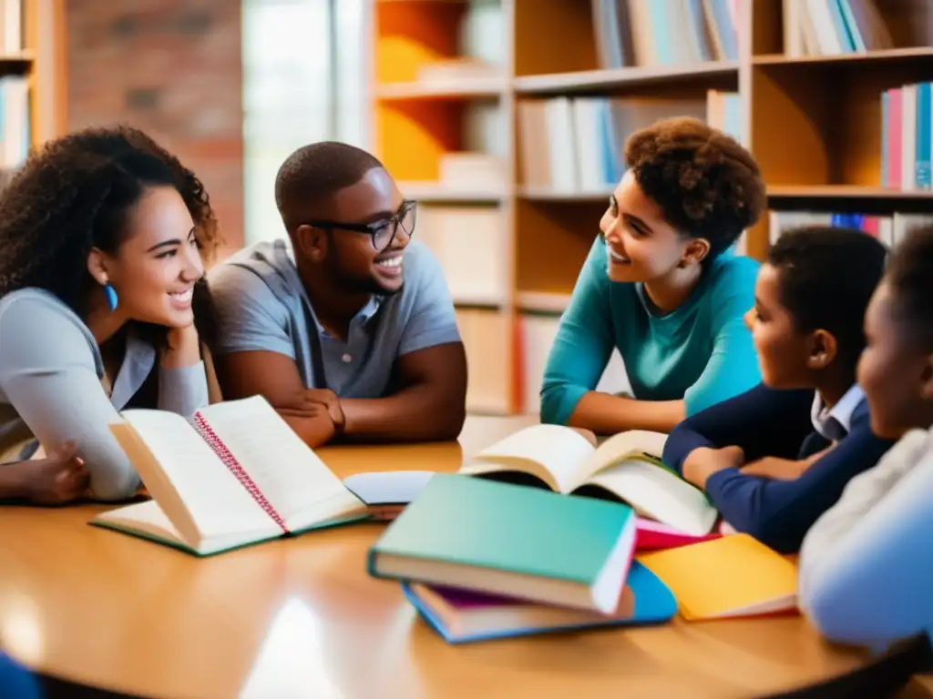 Un círculo de estudiantes diversos, inmersos en una profunda discusión rodeados de materiales educativos