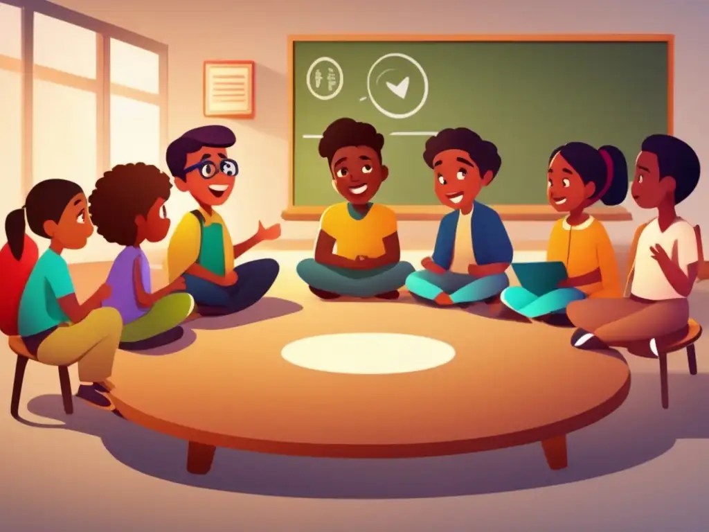 Un círculo de estudiantes diversos, inmersos en una sesión de storytelling