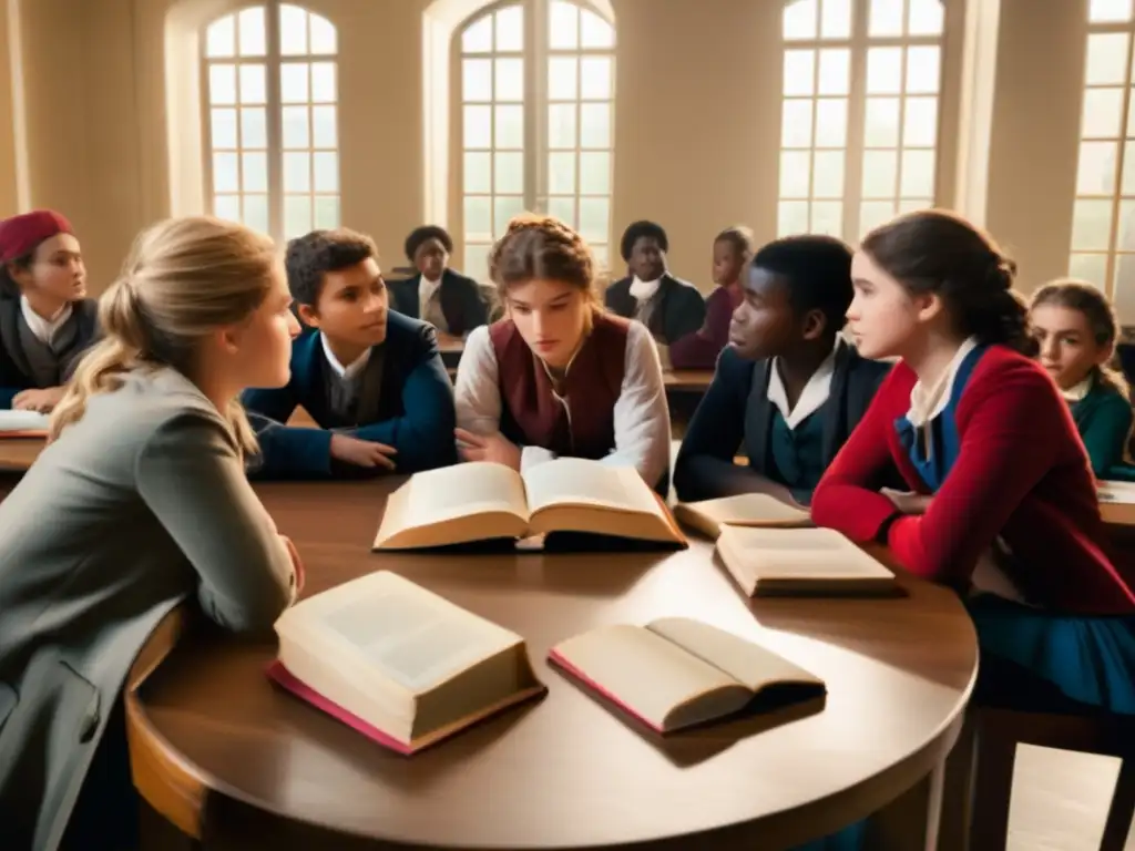 Un círculo de estudiantes discute apasionadamente 'Los Miserables', rodeados de libros y material de estudio