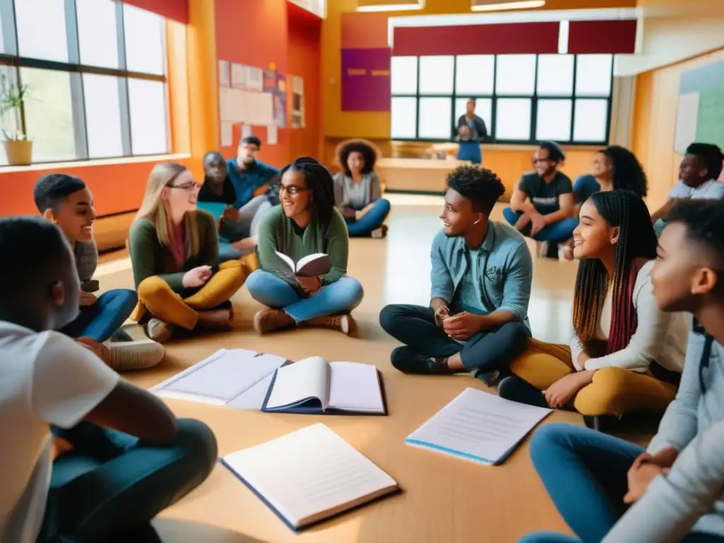 Un círculo de estudiantes diversos se sumerge en una sesión de storytelling