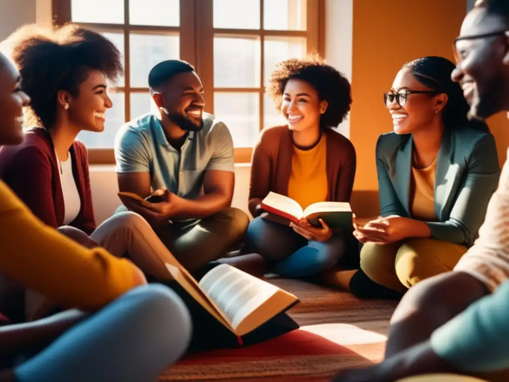 Un círculo de lectores de distintas etnias y culturas conversando animadamente, resaltando la importancia de la identidad en la literatura actual