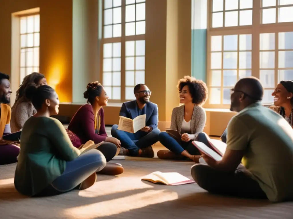 Un círculo de personas diversas discute animadamente, inspirándose mutuamente en un diálogo interdisciplinario literatura cine