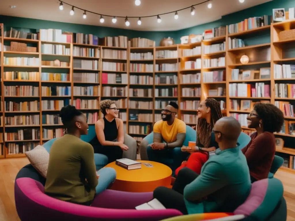 Un círculo de personas diversas conversa animadamente en una librería LGBTQ+, reflejando la importancia de la visibilidad en la literatura queer