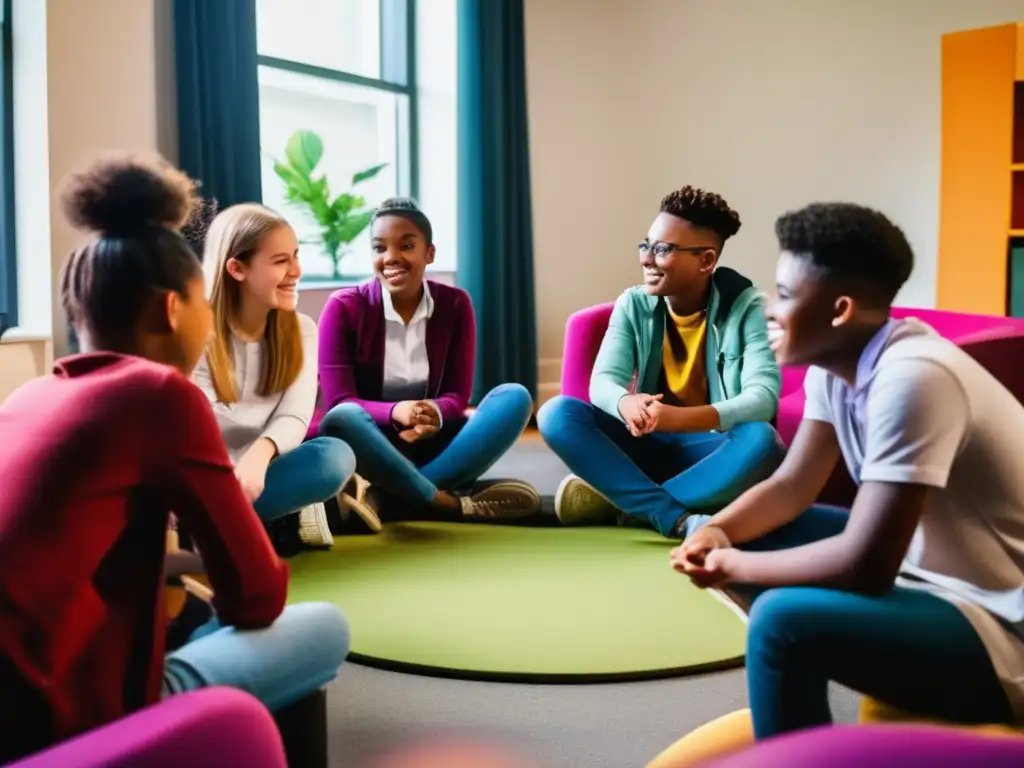 Un círculo vibrante de adolescentes diversos discute animadamente en una sesión de tutoría de psicología del desarrollo