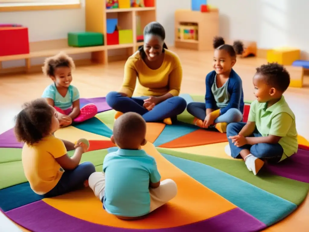 Un círculo vibrante y cautivador de niños preescolares participa en actividades educativas, rodeados de luz natural y una atmósfera alegre