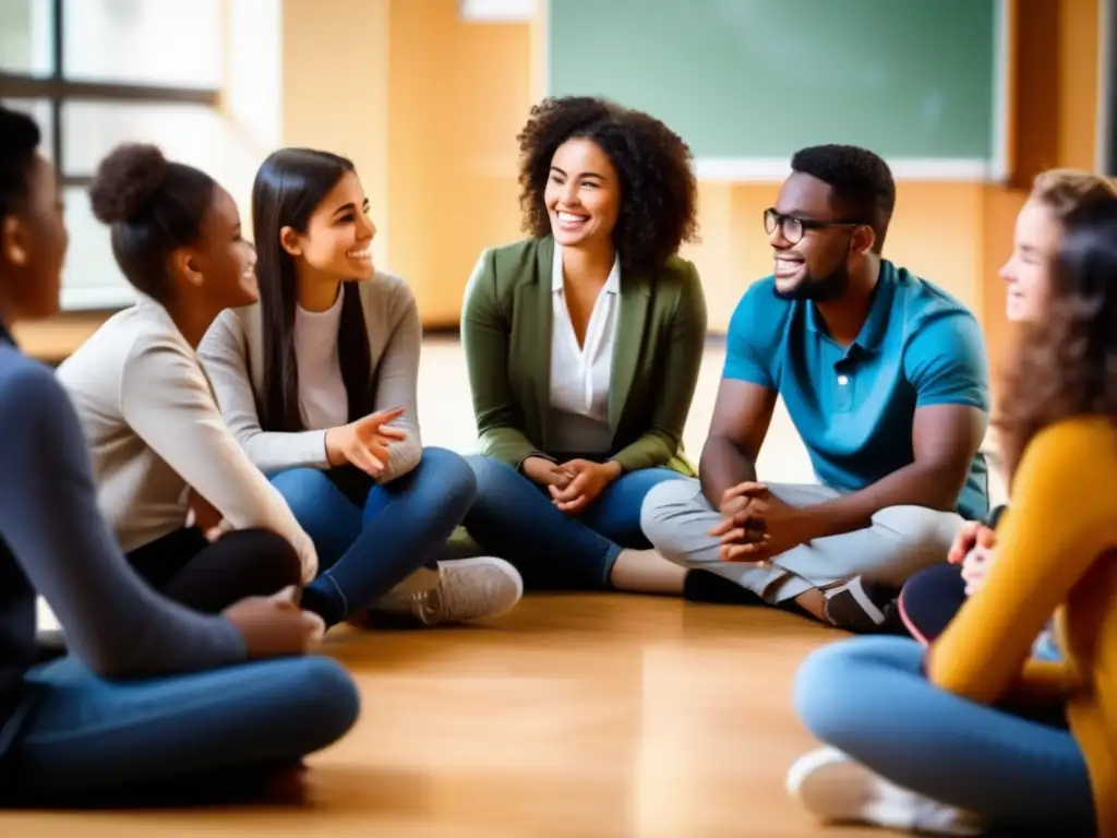 Un círculo vibrante de estudiantes diversos, guiados por un tutor cercano, enfatiza la importancia del desarrollo emocional en la educación