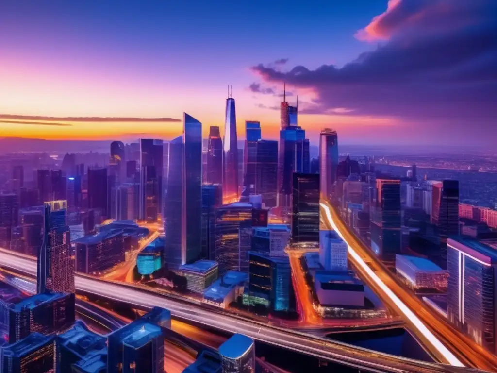 Una ciudad bulliciosa al anochecer, con rascacielos modernos que reflejan los tonos vibrantes del atardecer