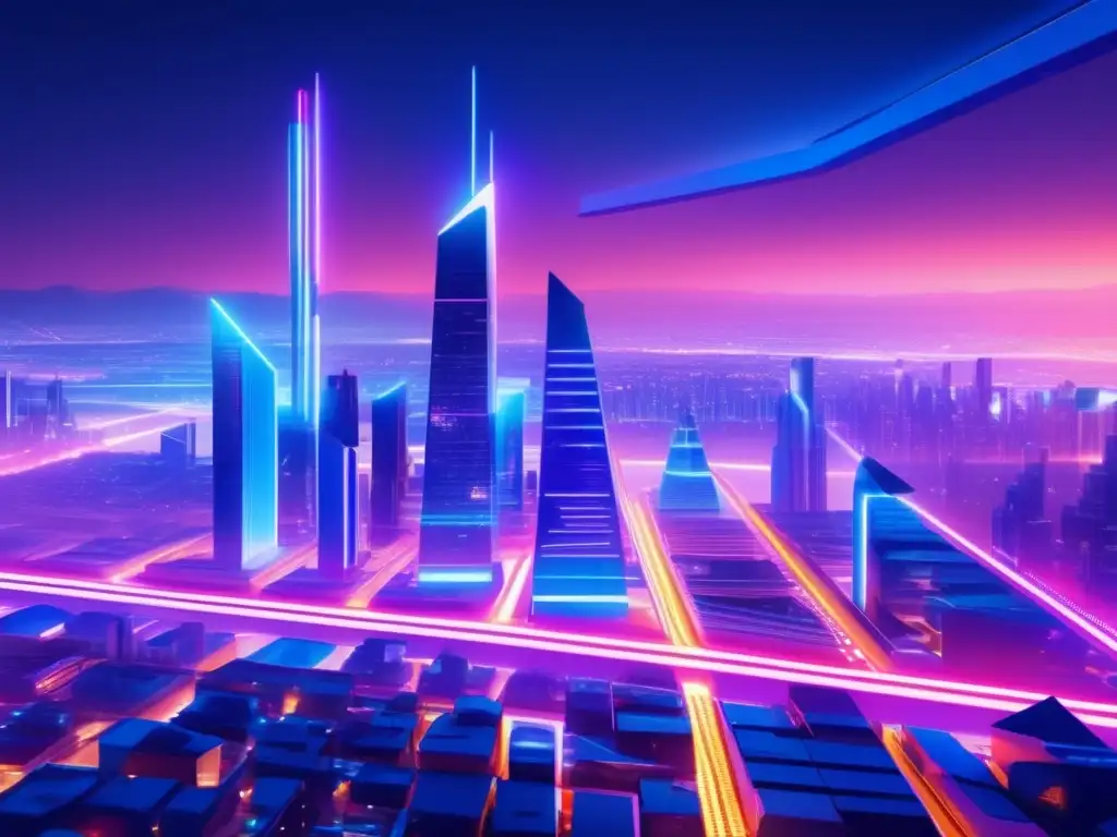 Una ciudad futurista en alta resolución, con rascacielos modernos iluminados por vibrantes luces neón