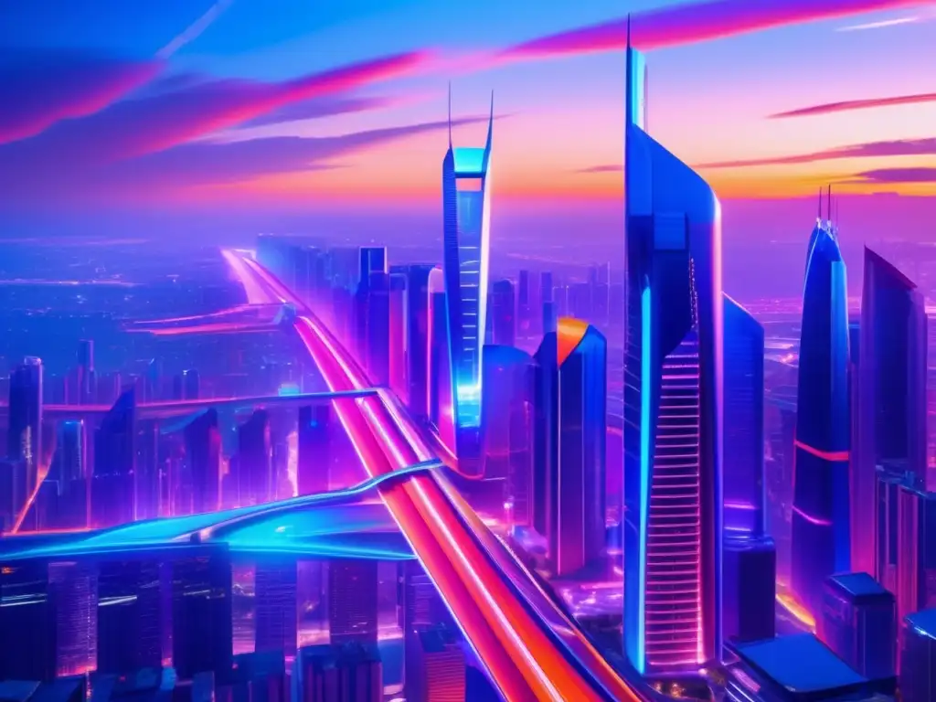 Una ciudad futurista al atardecer, con rascacielos vibrantes e imponentes