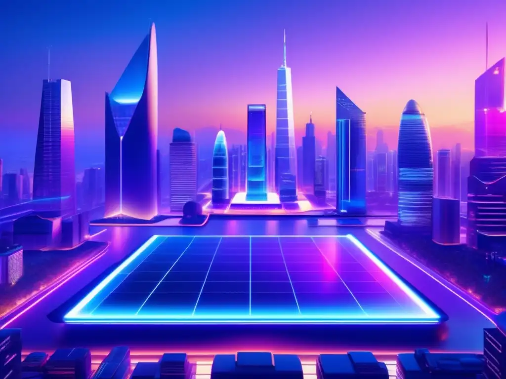 Una ciudad futurista al atardecer, con rascacielos adornados de hologramas vibrantes