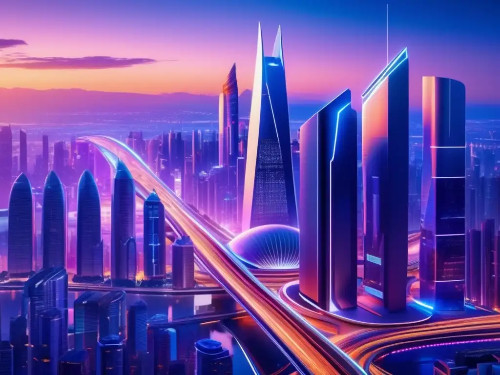 Una ciudad futurista en un atardecer vibrante