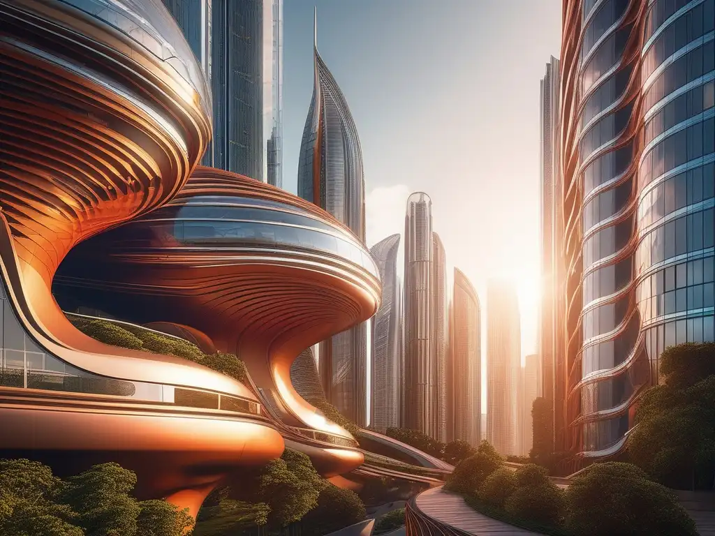 Una ciudad futurista en 8k, con curvas y superficies arquitectónicas que reflejan la luz solar