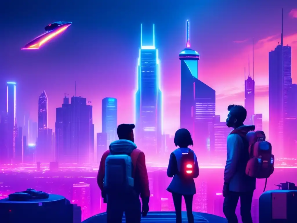 Una ciudad futurista envuelta en smog, con rascacielos iluminados por luces de neón