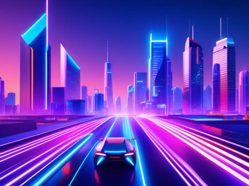 Una ciudad futurista de noche, iluminada por vibrantes luces de neón