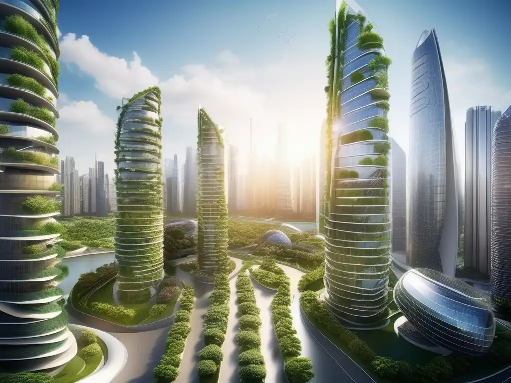 Una ciudad futurista con rascacielos ecológicos, paneles solares, turbinas eólicas, jardines verticales y vehículos eléctricos